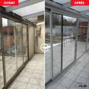 Remise à neuf d'une baie vitrée après incendie, laquage