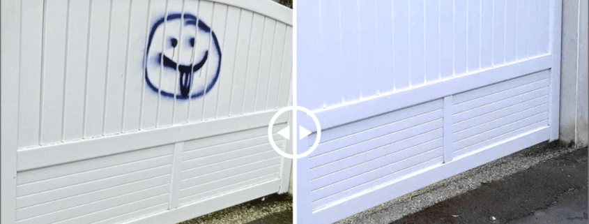 Remise à neuf, laquage d'un portail PVC blanc après vandalisme