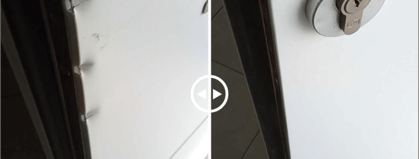 Réparation et laquage d'une porte d'entrée ALU après effraction, avec des marques de pesées