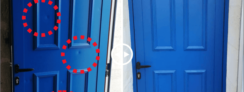 Réparation et laquage d'une porte d'entrée ALU avec impacts de grêle