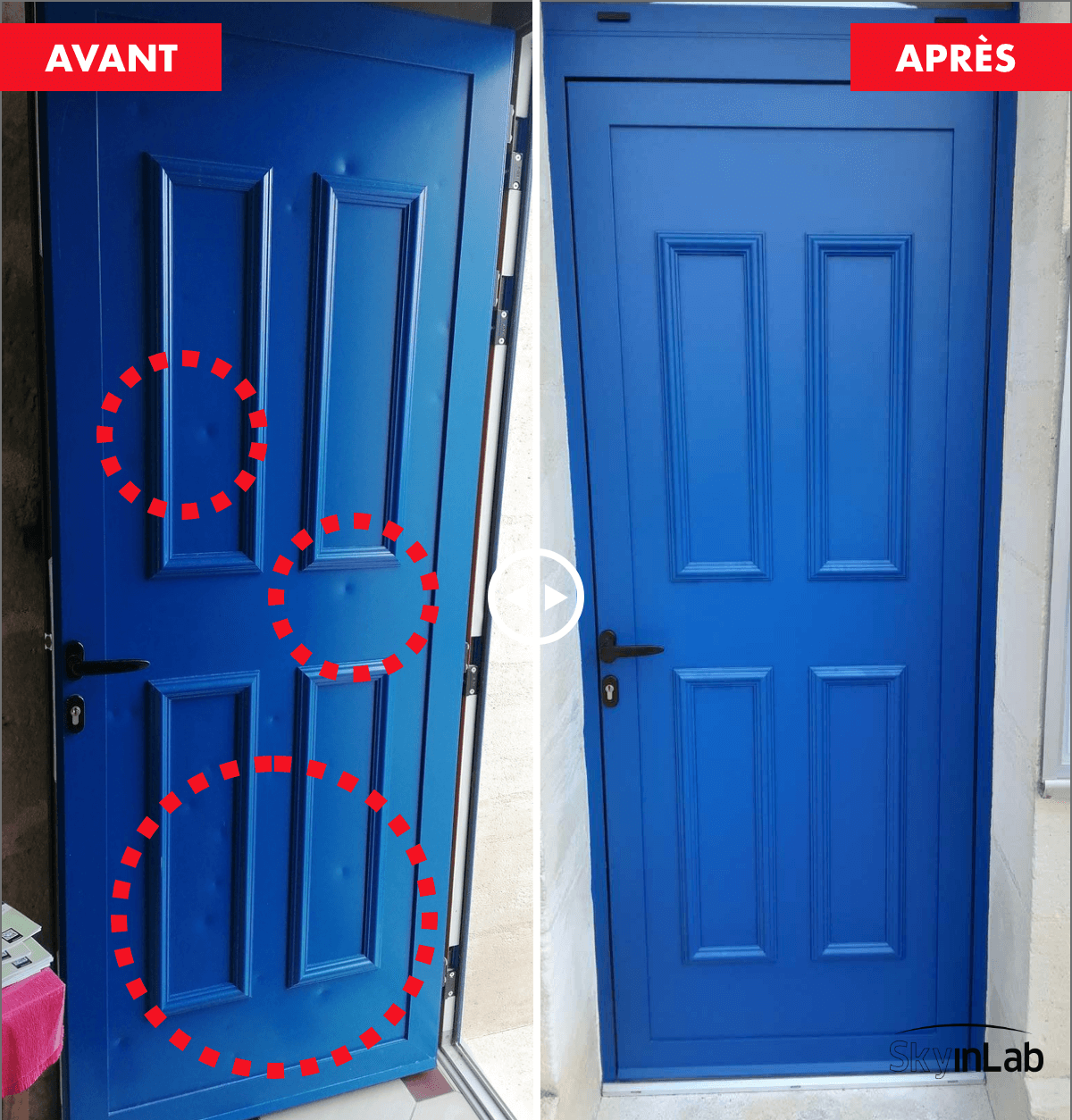 Réparation et laquage d'une porte d'entrée ALU avec impacts de grêle