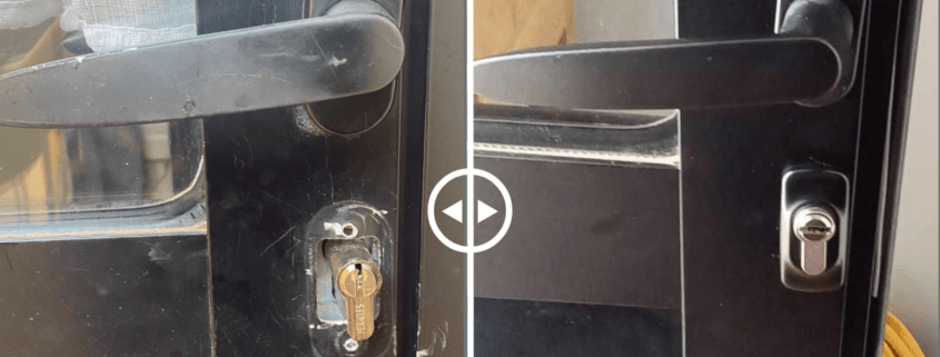 Remise en l'état d'une porte ALU, reprises, laquage et changement de serrure